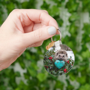 Cute December Hedgehog with Turquoise Heart Key Ring
