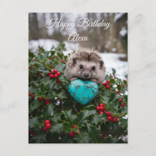 Cute December Hedgehog with Turquoise Heart Postcard