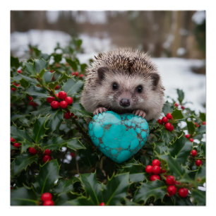 Cute December Hedgehog with Turquoise Heart Poster