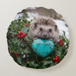 Cute December Hedgehog with Turquoise Heart Round Cushion