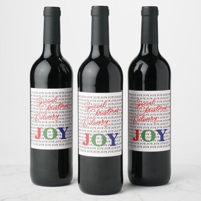 Cute December Winter Holiday Season Joy Wordart Wine Label (Bottles)