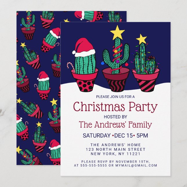 Cute Decorated Cactus Tree Lights Christmas Invitation (Front/Back)