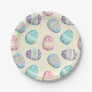 Cute Decorated Easter Eggs on Yellow Paper Plate