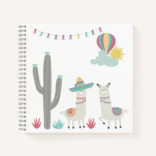 Cute Decorated Llamas Cactus Hot Air Balloon Notebook (Front)