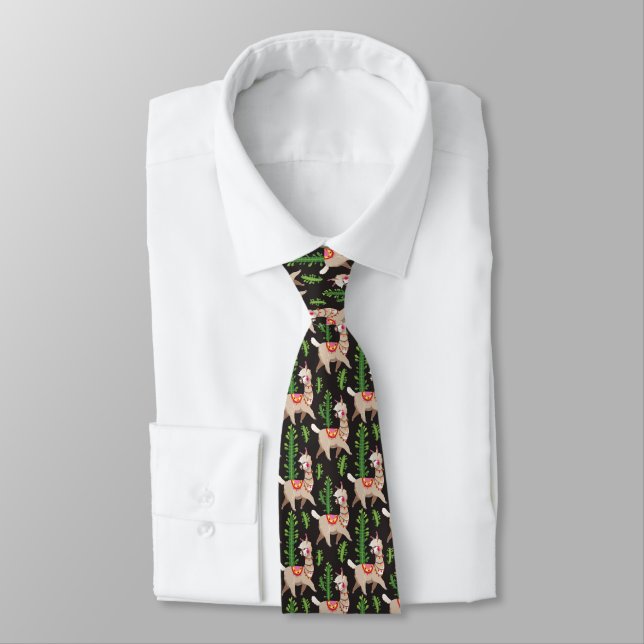 Cute Decorated Llamas Pattern Tie (Tied)