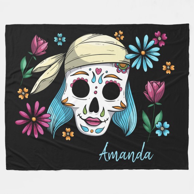 Cute Decorative Sugar Skull Fleece Blanket (Front (Horizontal))