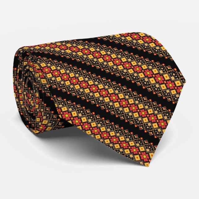 Cute decorative ukrainian floral patterns design tie (Rolled)