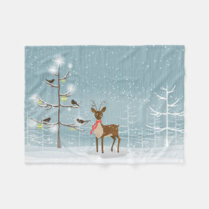 Cute Deer And Birds In The Snowy Woods Fleece Blanket