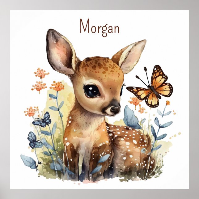 Cute Deer and Butterfly AI Nursery Art  Poster (Front)