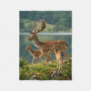 Cute Deer And Fawns By Lake In Forest Nature Fleec Fleece Blanket