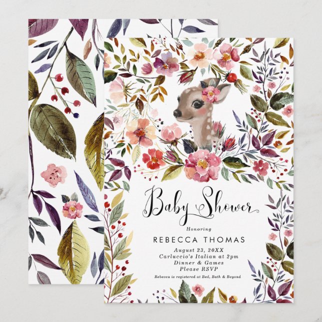 cute deer and florals baby shower invitation (Front/Back)
