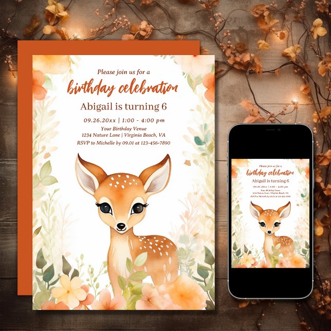 Cute Deer and Flowers | Pretty Woodland Birthday Invitation (Printed and Digital - Cute Deer and Flowers Pretty Woodland Birthday Invitation)