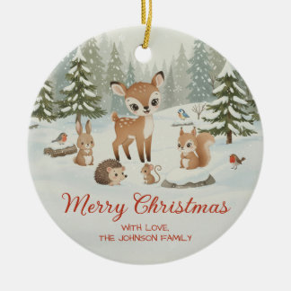 Cute Deer and Woodland Animals Merry Christmas Ceramic Tree Decoration
