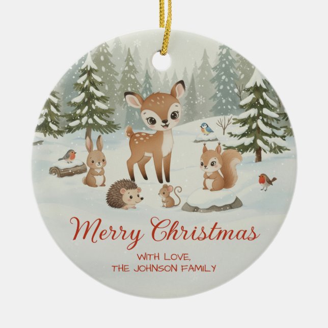 Cute Deer and Woodland Animals Merry Christmas Ceramic Tree Decoration (Front)