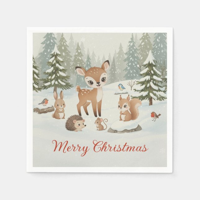 Cute Deer and Woodland Animals Merry Christmas Napkin (Front)