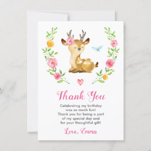Cute Deer Baby Girl Birthday Party Doe Colourful Thank You Card