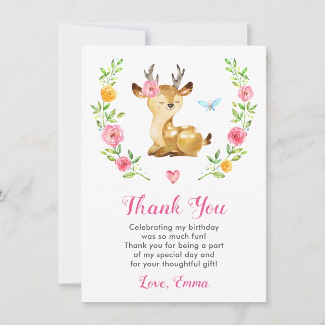 Cute Deer Baby Girl Birthday Party Doe Colourful Thank You Card (Front)
