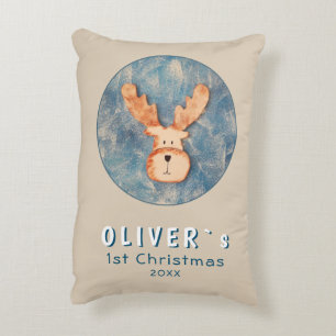 Cute Deer Baby`s First Christmas Blue Baby Decorative Cushion