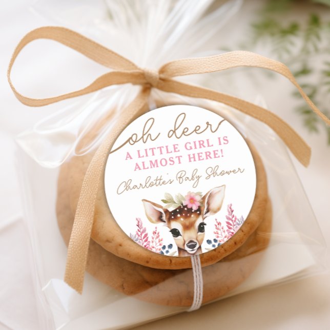 Cute Deer Baby Shower Pink Floral Favour Classic Round Sticker (Cute Deer Baby Shower Pink Floral Favor Classic Round Sticker)