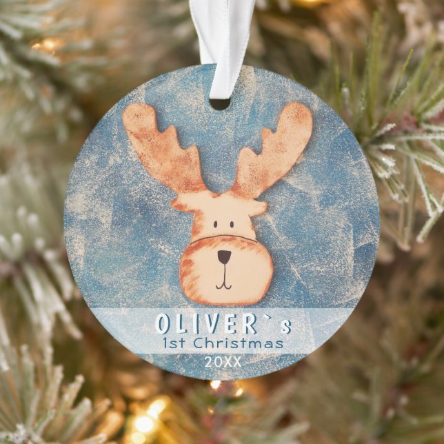 Cute Deer Blue Baby`s First Christmas Ornament (Tree)