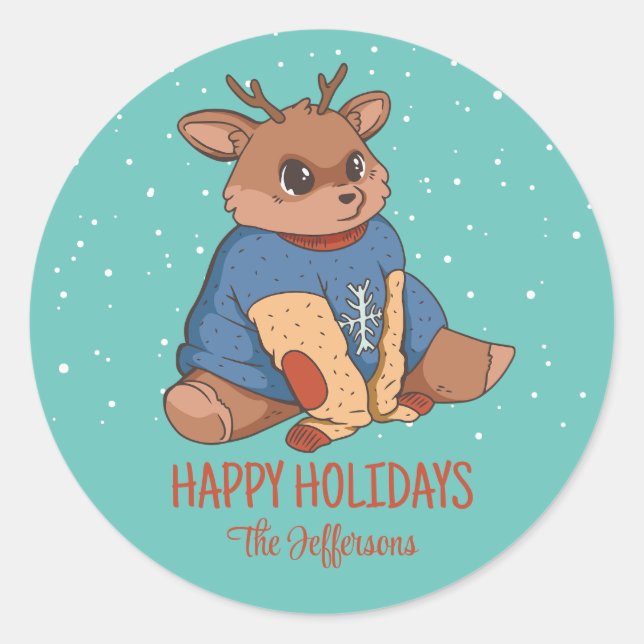 Cute Deer Christmas Animal Snowy Winter Holiday Classic Round Sticker (Front)