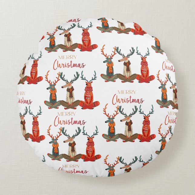 Cute Deer. Christmas Deer in Scarves. Festive Mood Round Cushion (Front)