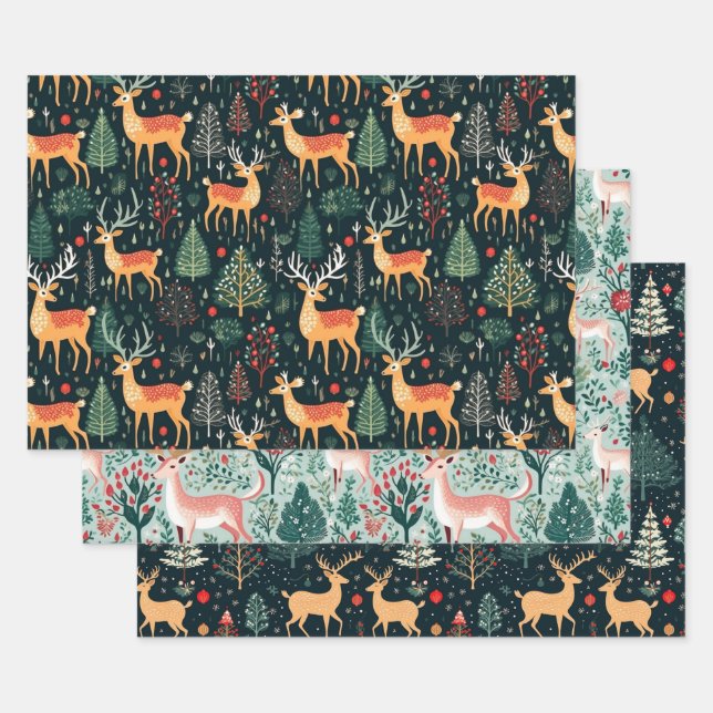 Cute Deer Christmas Holiday Winter Coordinating  Wrapping Paper Sheet (Set)