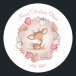 Cute Deer Christmas Stickers Pink Name<br><div class="desc">Cute Deer Christmas Gift Stickers in Pink and Beige,  Christmas wreath and cute deer.  Matching items and more similar designs are available in my store.</div>