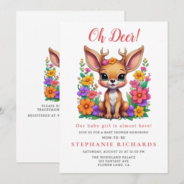 Cute Deer Colourful Flower Baby Shower  Invitation (Front/Back)