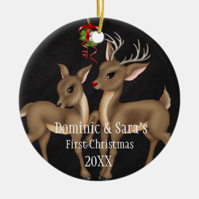 Cute Deer Couple First Christmas Ornament (Front)