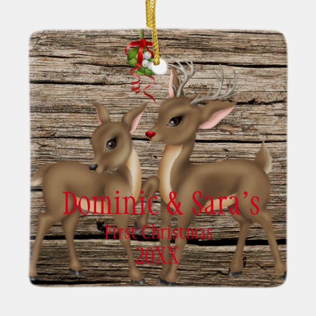 Cute Deer Couple First Christmas Ornament (Front)