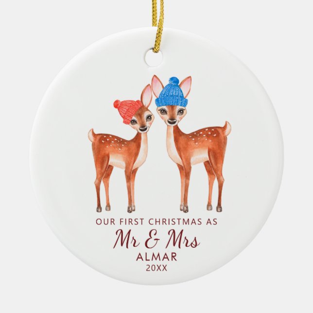 Cute Deer Couple Personalized Mr Mrs Newlyweds Ceramic Tree Decoration (Front)