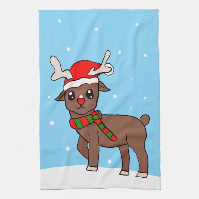 Cute Deer Drawing Snow Snowflakes Christmas  Tea Towel (Vertical)