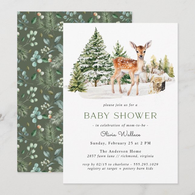 Cute Deer Fawn | Neutral Rustic Winter Baby Shower Invitation (Front/Back)