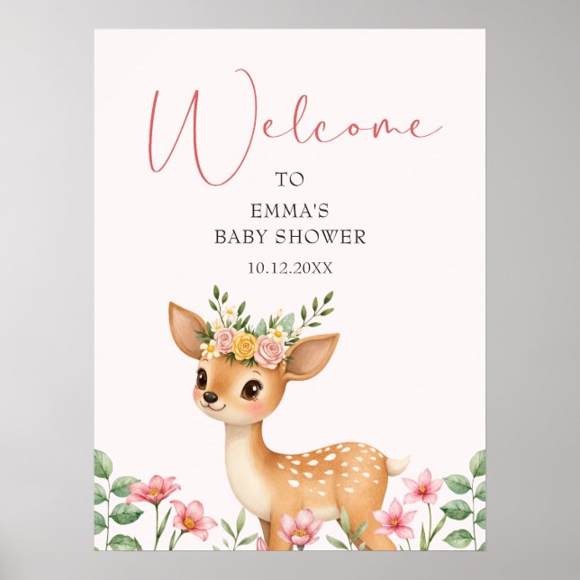 Cute Deer Floral Baby Shower Baby Shower Welcome Poster (Front)