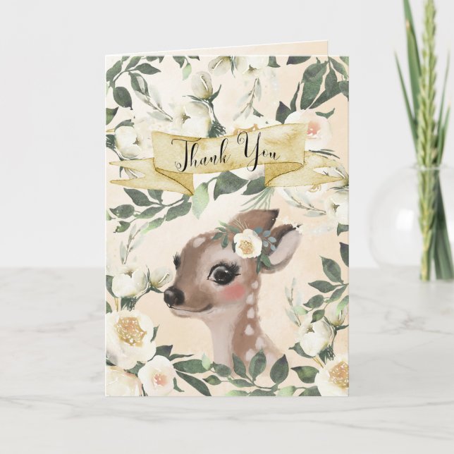 cute deer floral baby shower thank you card (Front)
