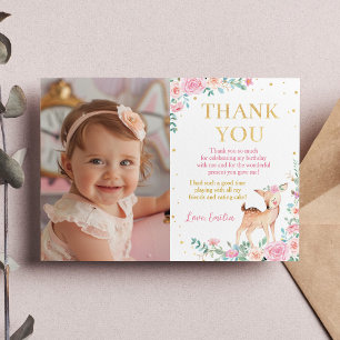 Cute Deer Floral Birthday Photo Thank You Card