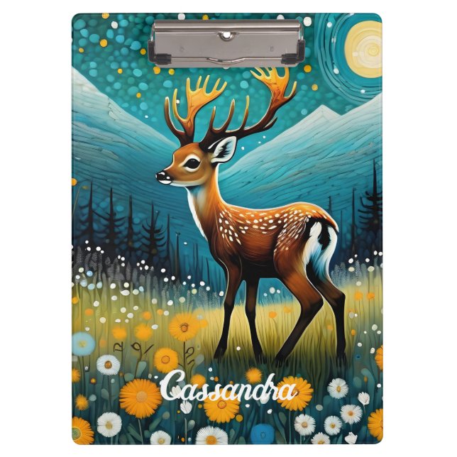 Cute Deer Flowers Meadow Fantasy  Clipboard (Front)