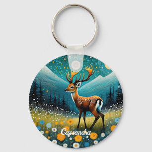 Cute Deer Flowers Meadow Fantasy Key Ring
