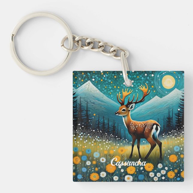 Cute Deer Flowers Meadow Fantasy Key Ring (Front)