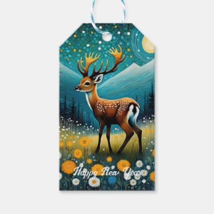 Cute Deer Flowers Meadow Fantasy New Year Gift Tags