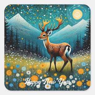 Cute Deer Flowers Meadow Fantasy New Year Square Sticker