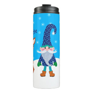 Cute Deer Fox Blue Personalised Christmas Gnome Thermal Tumbler
