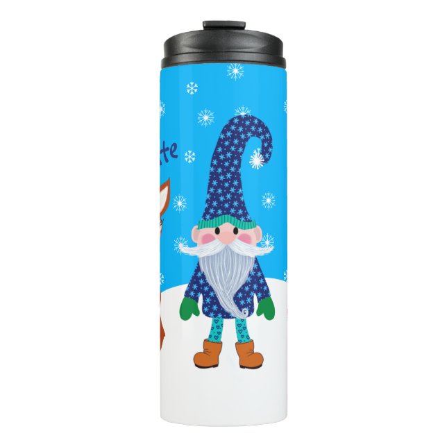 Cute Deer Fox Blue Personalised Christmas Gnome Thermal Tumbler (Front)