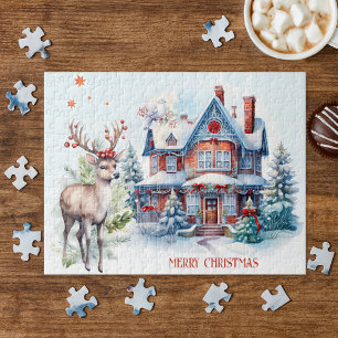 Cute Deer Gingerbread Home Christmas Puzzle