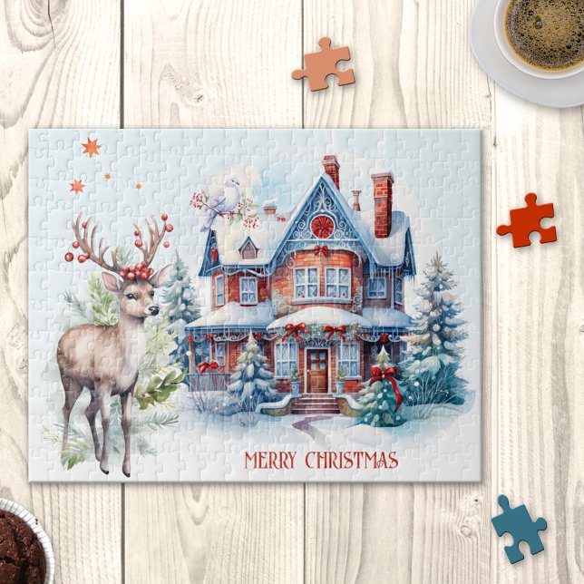 Cute Deer Gingerbread Home Christmas Puzzle (Christmas puzzle showing a cute gingerbread like home with white dove and deer in a watercolor style)