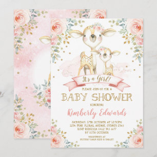 Cute Deer Girl Baby Shower Blush Pink Gold Roses Invitation