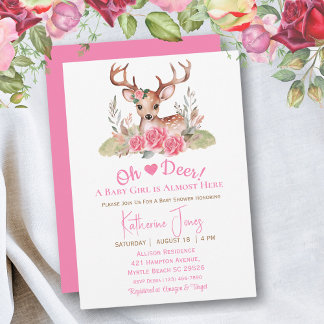Cute Deer Girl Watercolor Floral Baby Shower    Invitation