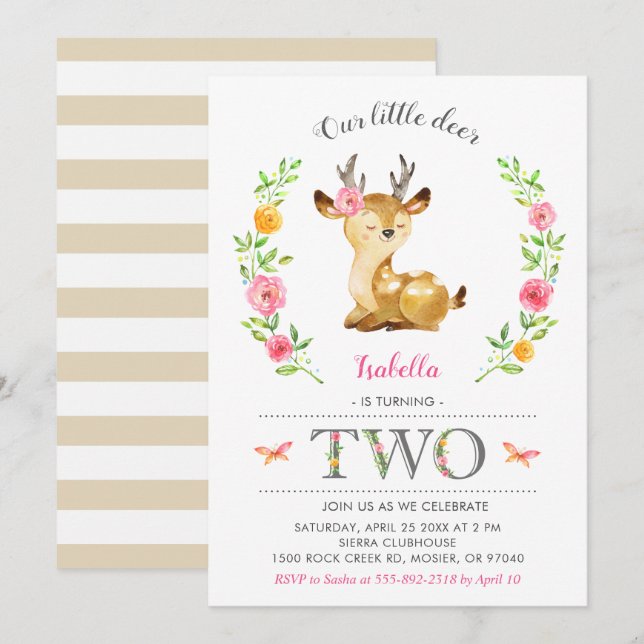 Cute Deer Girl Woodland Floral 2nd Second Birthday Invitation (Front/Back)