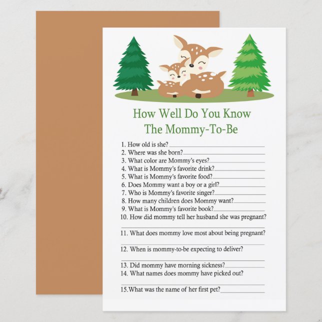 Cute Deer How well do you know baby shower game (Front/Back)